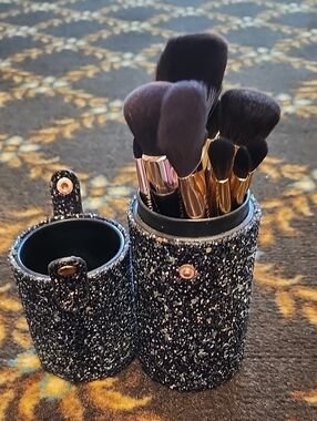 Sephora Black Glitter Travel Brush Set with Gold Handles